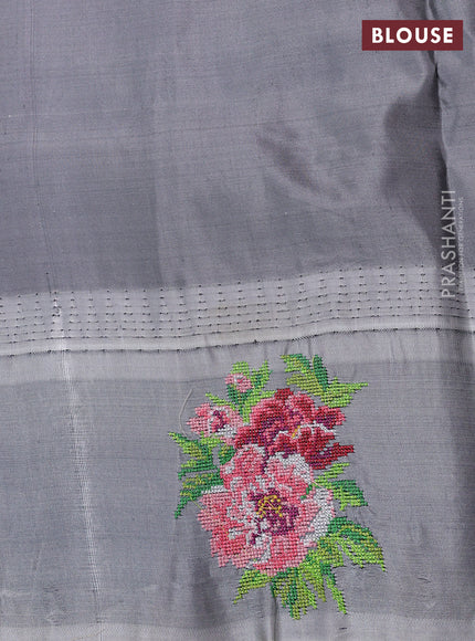 Pure gadwal silk saree purple and grey with allover zari woven buttas and temple design convent embroidery
