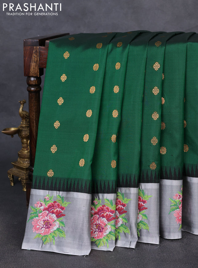 Pure gadwal silk saree green and grey with allover zari woven buttas and temple design convent embroidery