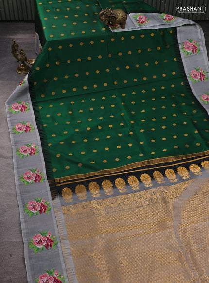 Pure gadwal silk saree green and grey with allover zari woven buttas and temple design convent embroidery