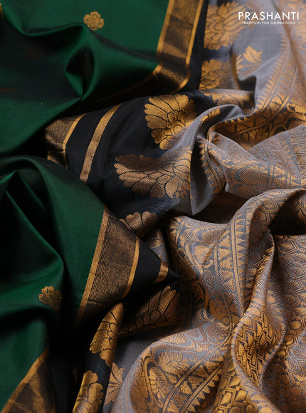 Pure gadwal silk saree green and grey with allover zari woven buttas and temple design convent embroidery