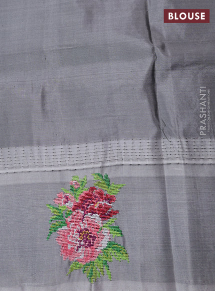 Pure gadwal silk saree green and grey with allover zari woven buttas and temple design convent embroidery