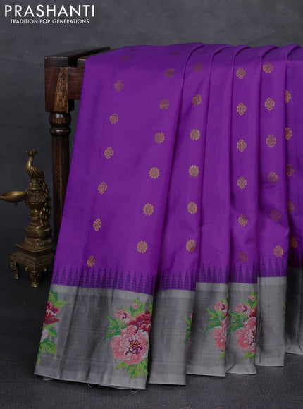 Pure gadwal silk saree lavender and grey with allover zari woven buttas and temple design convent embroidery