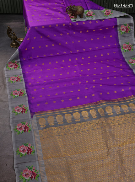 Pure gadwal silk saree lavender and grey with allover zari woven buttas and temple design convent embroidery
