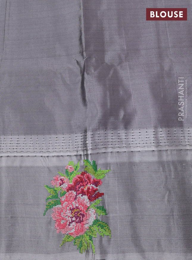 Pure gadwal silk saree lavender and grey with allover zari woven buttas and temple design convent embroidery