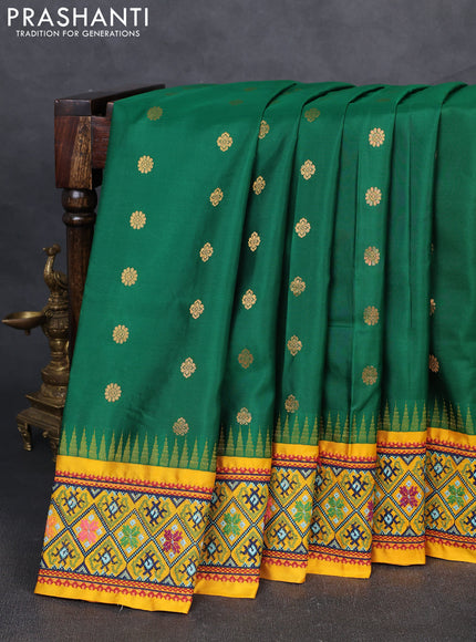 Pure gadwal silk saree green and mango yellow with allover zari woven buttas and temple design convent embroidery