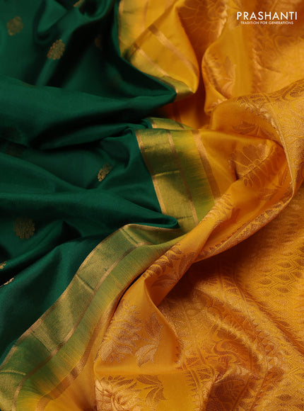 Pure gadwal silk saree green and mango yellow with allover zari woven buttas and temple design convent embroidery