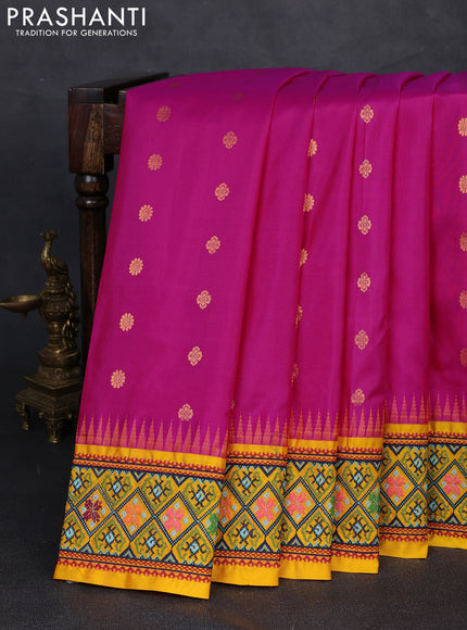 Pure gadwal silk saree pink and mango yellow with allover zari woven buttas and temple design convent embroidery