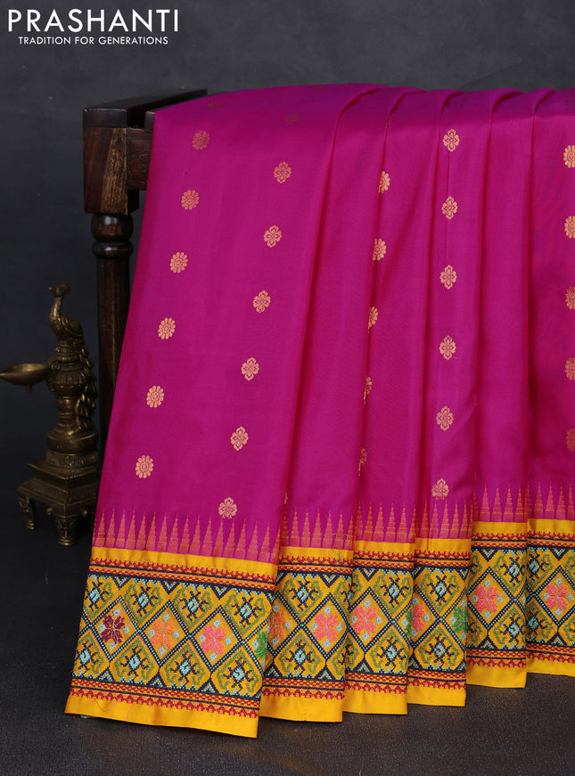 Pure gadwal silk saree pink and mango yellow with allover zari woven buttas and temple design convent embroidery