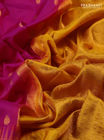Pure gadwal silk saree pink and mango yellow with allover zari woven buttas and temple design convent embroidery