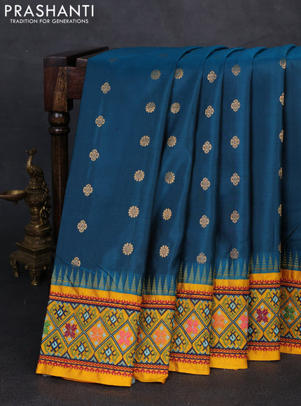 Pure gadwal silk saree peacock green and mango yellow with allover zari woven buttas and temple design convent embroidery