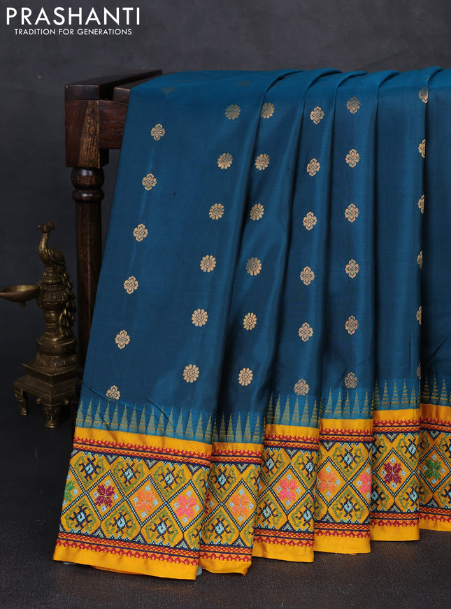 Pure gadwal silk saree peacock green and mango yellow with allover zari woven buttas and temple design convent embroidery