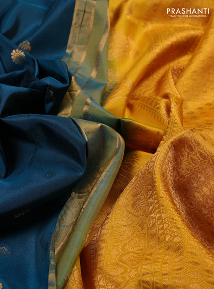 Pure gadwal silk saree peacock green and mango yellow with allover zari woven buttas and temple design convent embroidery