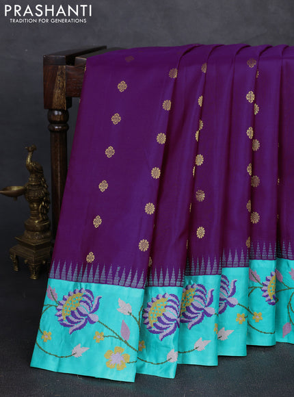 Pure gadwal silk saree purple and teal green with allover zari woven buttas and temple design convent embroidery