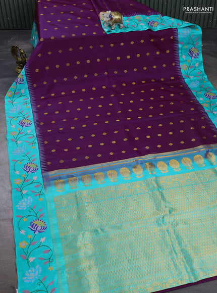 Pure gadwal silk saree purple and teal green with allover zari woven buttas and temple design convent embroidery
