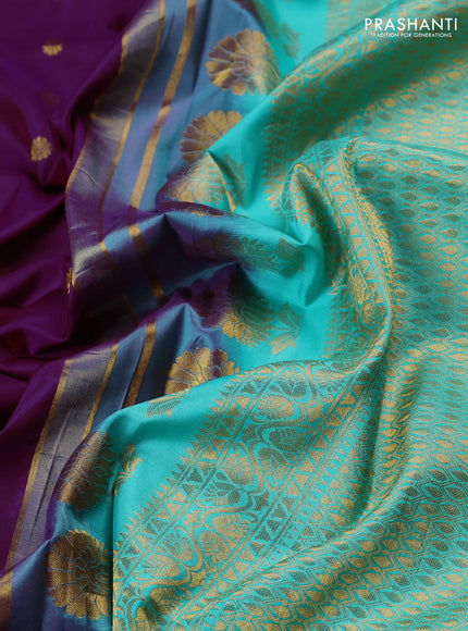 Pure gadwal silk saree purple and teal green with allover zari woven buttas and temple design convent embroidery