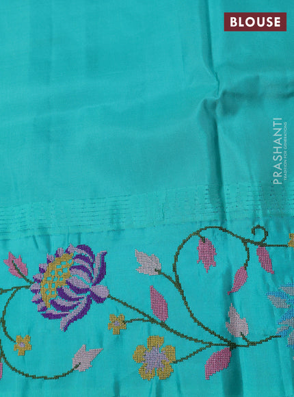 Pure gadwal silk saree purple and teal green with allover zari woven buttas and temple design convent embroidery