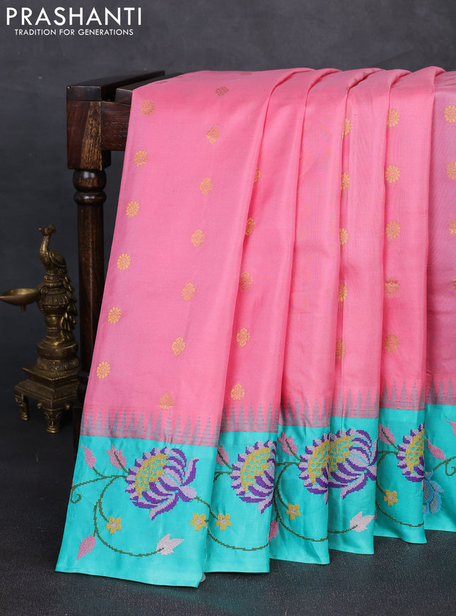 Pure gadwal silk saree peach pink and teal green with allover zari woven buttas and temple design convent embroidery