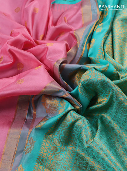 Pure gadwal silk saree peach pink and teal green with allover zari woven buttas and temple design convent embroidery