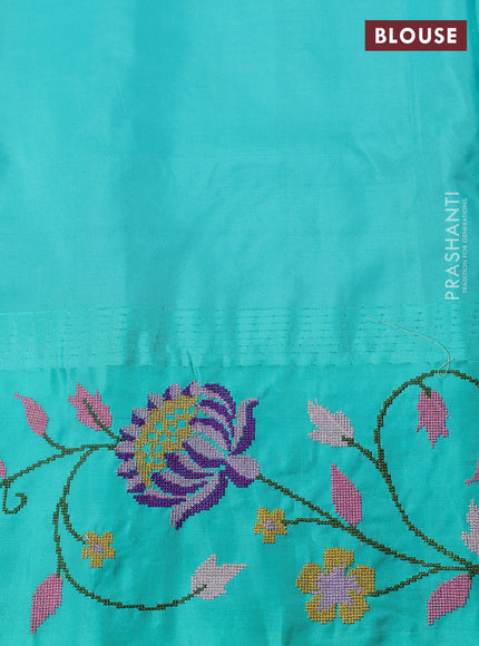 Pure gadwal silk saree peach pink and teal green with allover zari woven buttas and temple design convent embroidery