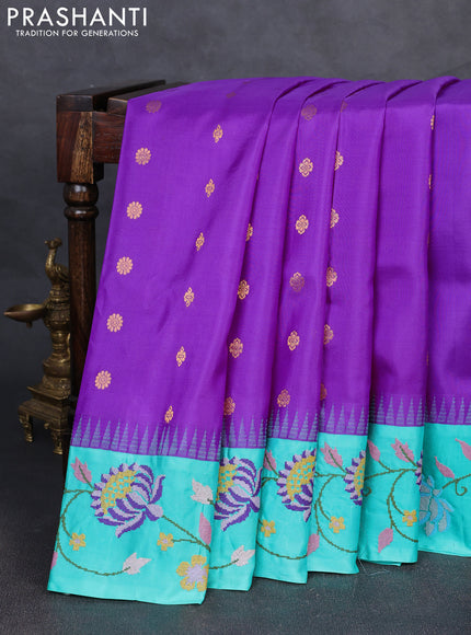 Pure gadwal silk saree lavender and teal green with allover zari woven buttas and temple design convent embroidery