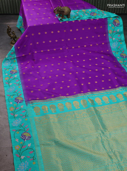 Pure gadwal silk saree lavender and teal green with allover zari woven buttas and temple design convent embroidery