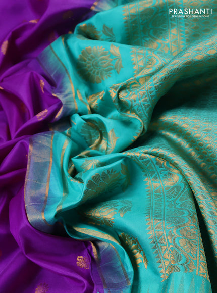 Pure gadwal silk saree lavender and teal green with allover zari woven buttas and temple design convent embroidery