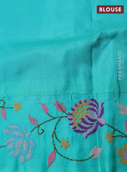 Pure gadwal silk saree lavender and teal green with allover zari woven buttas and temple design convent embroidery