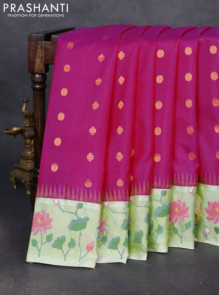 Pure gadwal silk saree pink and pista green with allover zari woven buttas and temple design convent embroidery