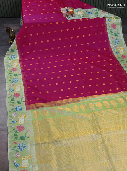 Pure gadwal silk saree pink and pista green with allover zari woven buttas and temple design convent embroidery