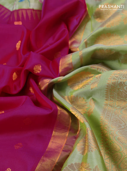 Pure gadwal silk saree pink and pista green with allover zari woven buttas and temple design convent embroidery