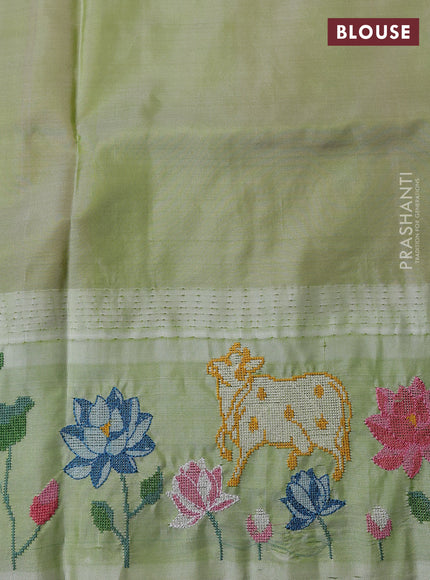 Pure gadwal silk saree pink and pista green with allover zari woven buttas and temple design convent embroidery