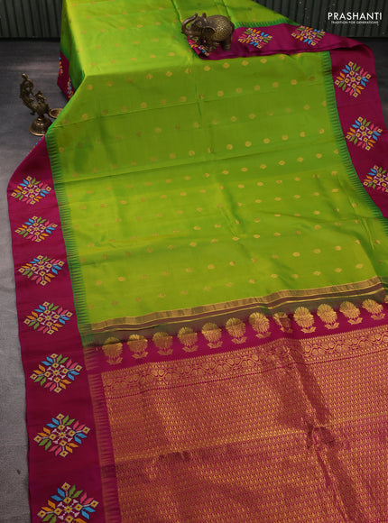 Pure gadwal silk saree light green and magenta pink with allover zari woven buttas and temple design convent embroidery