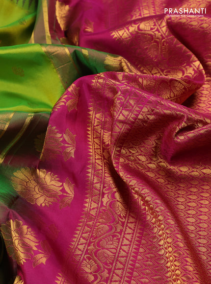 Pure gadwal silk saree light green and magenta pink with allover zari woven buttas and temple design convent embroidery
