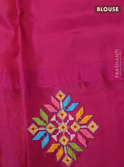 Pure gadwal silk saree light green and magenta pink with allover zari woven buttas and temple design convent embroidery