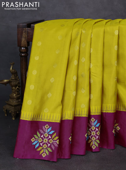 Pure gadwal silk saree mango yellow and magenta pink with allover zari woven buttas and temple design convent embroidery