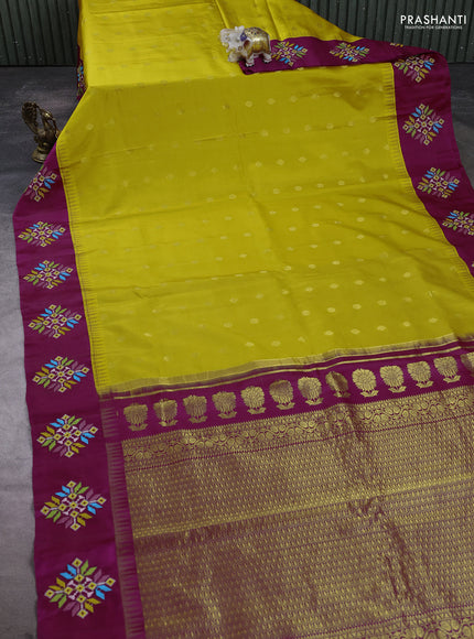 Pure gadwal silk saree mango yellow and magenta pink with allover zari woven buttas and temple design convent embroidery