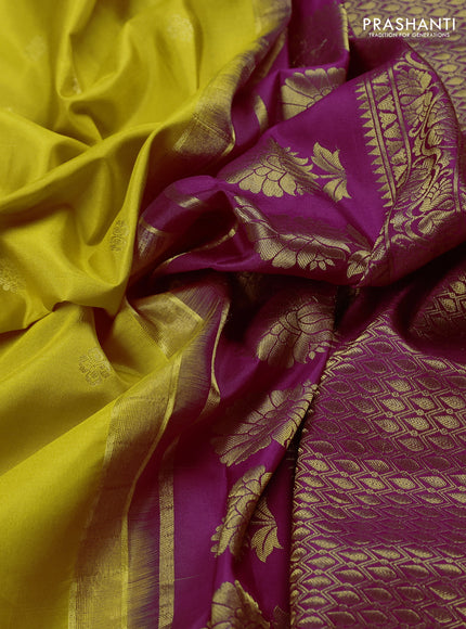 Pure gadwal silk saree mango yellow and magenta pink with allover zari woven buttas and temple design convent embroidery