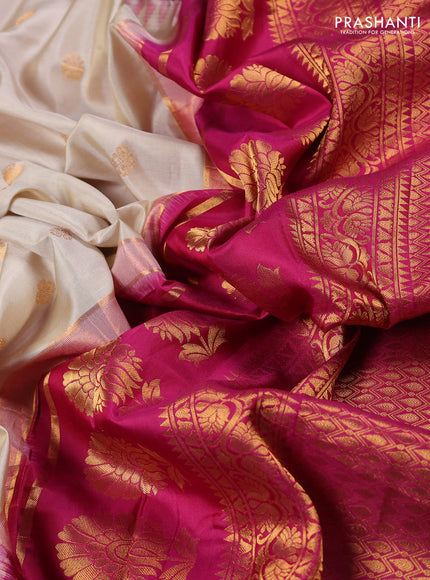 Pure gadwal silk saree beige and magenta pink with allover zari woven buttas and temple design convent embroidery