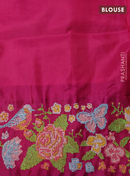 Pure gadwal silk saree beige and magenta pink with allover zari woven buttas and temple design convent embroidery