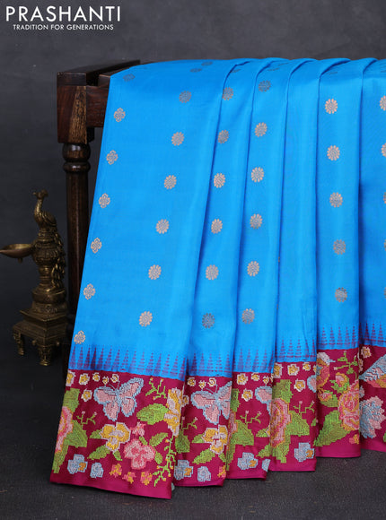 Pure gadwal silk saree cs blue and magenta pink with allover zari woven buttas and temple design convent embroidery