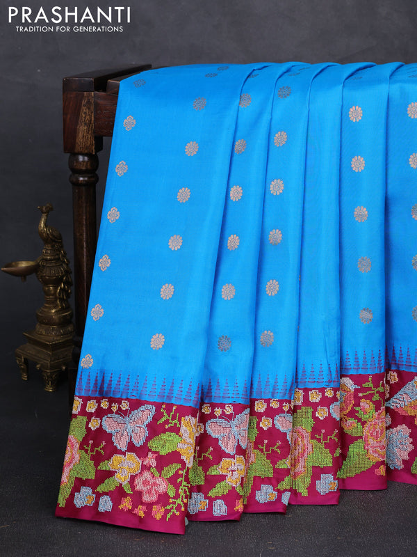 Pure gadwal silk saree cs blue and magenta pink with allover zari woven buttas and temple design convent embroidery