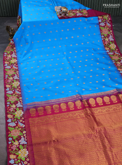 Pure gadwal silk saree cs blue and magenta pink with allover zari woven buttas and temple design convent embroidery