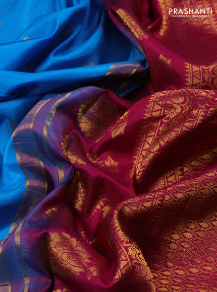 Pure gadwal silk saree cs blue and magenta pink with allover zari woven buttas and temple design convent embroidery
