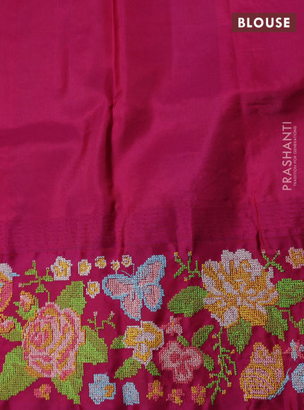 Pure gadwal silk saree cs blue and magenta pink with allover zari woven buttas and temple design convent embroidery