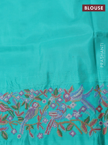 Pure gadwal silk saree cream and teal green with allover zari woven buttas and temple design convent embroidery