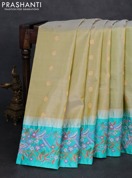 Pure gadwal silk saree pastel green and teal green with allover zari woven buttas and temple design convent embroidery