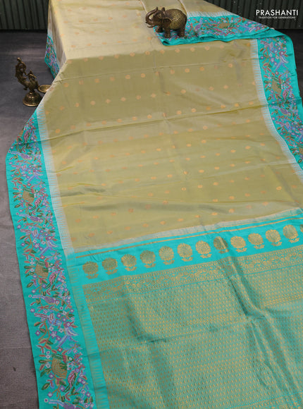 Pure gadwal silk saree pastel green and teal green with allover zari woven buttas and temple design convent embroidery