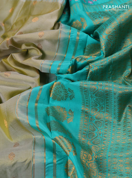 Pure gadwal silk saree pastel green and teal green with allover zari woven buttas and temple design convent embroidery