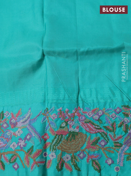 Pure gadwal silk saree pastel green and teal green with allover zari woven buttas and temple design convent embroidery