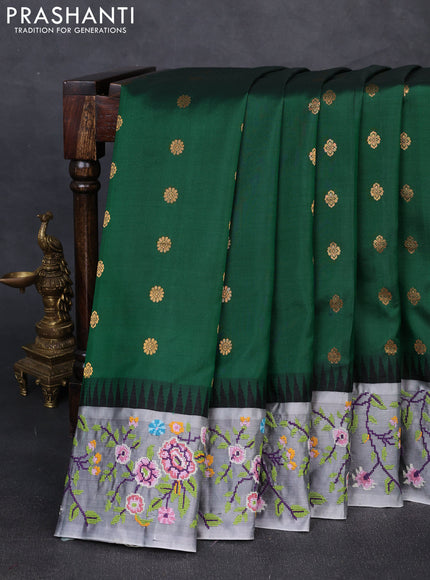 Pure gadwal silk saree green and grey with allover zari woven buttas and temple design convent embroidery